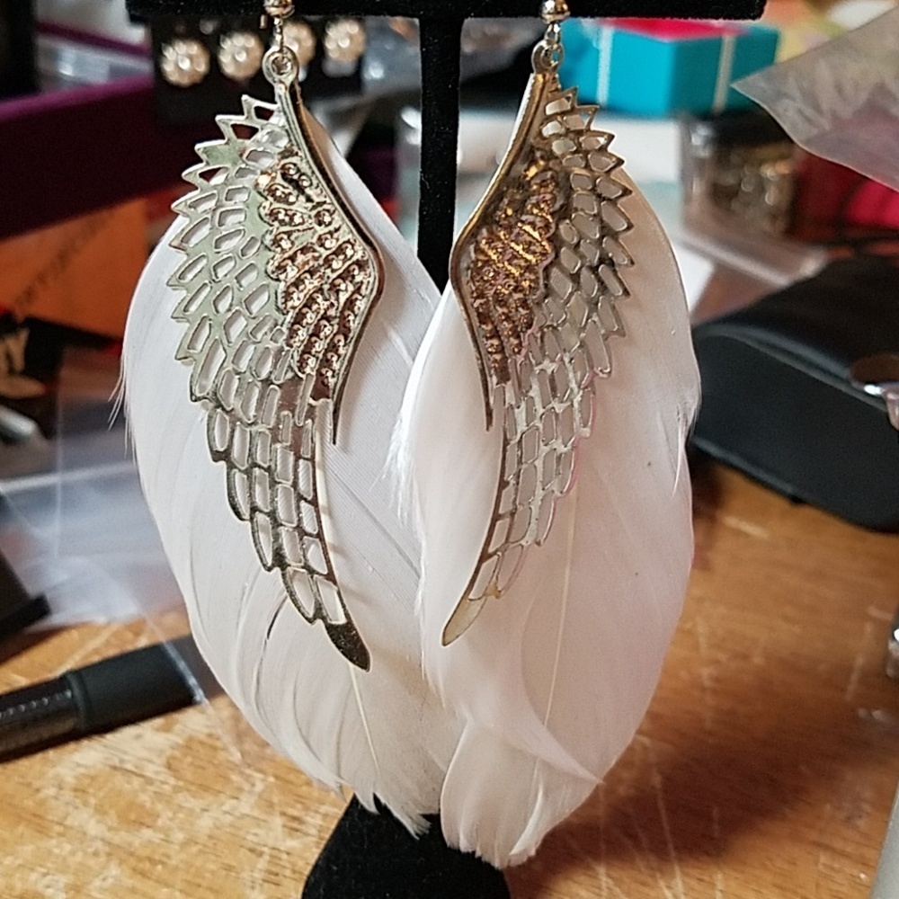 Silver Tone & White Feather Wings Earrings 5"